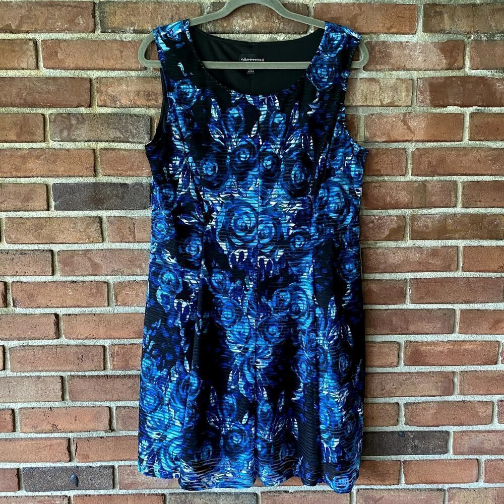 Connected Apparel Textured Rose Print Sleeveless Dress Blue Black 14P